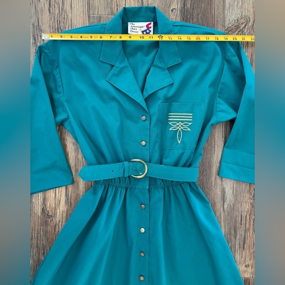 Vtg The American Shirt Dress Womens 8 Midi Belted Teal w/Gold Embroidery Buttons - Picture 5 of 14